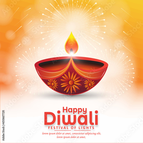 Happy Diwali festival greeting card design with diya oil lamp with fireworks on yellow background. Vector illustration