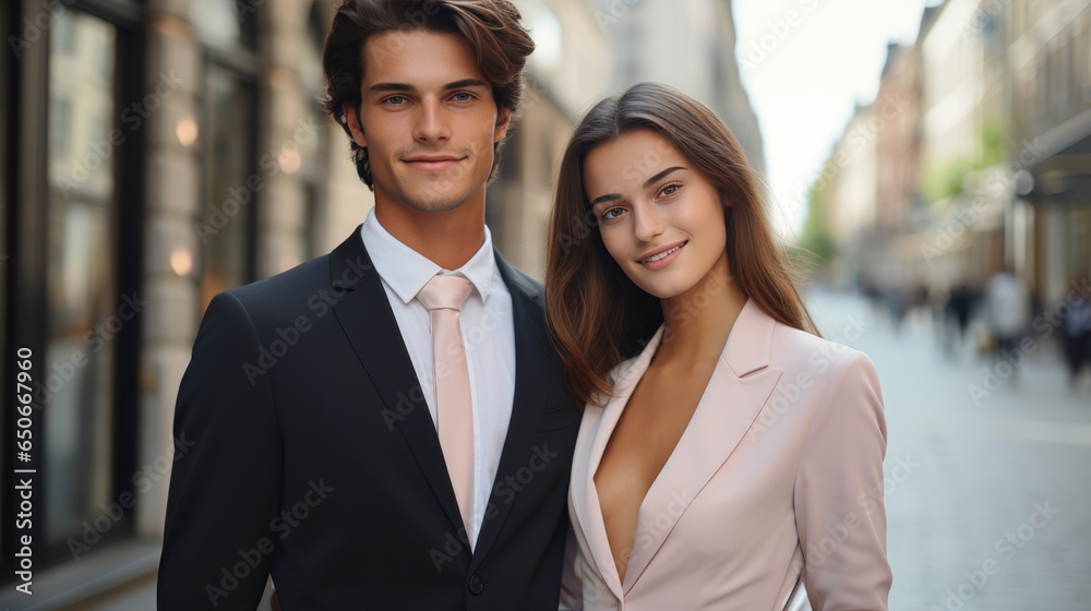 Young fashion smiling business couple, Plaza shopping district background. Young fashion smiling business couple, Plaza shopping district background.