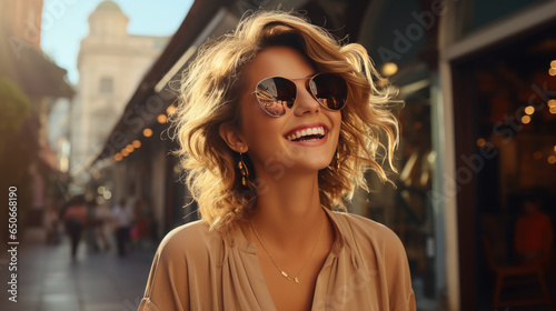 Young fashion smiling female traveler, Plaza shopping district background.