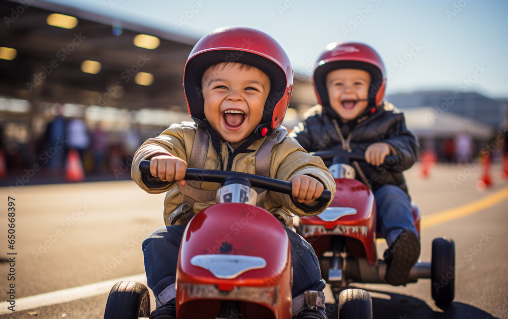 Two toddlers in pedal cars smiling and happy pedaling on the race track Two toddlers in pedal cars smiling and happy pedaling on the race track