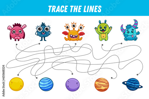 Find the way. Cute monsters. Cartoon alien. Educational game for preschool kids. Activity page. Vector illustration