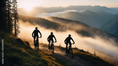 Mountainbike group enjoying mountain view with sunset. Extremely detailed and realistic high resolution concept design illustration