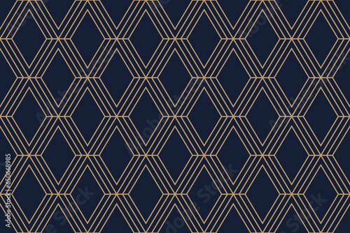 Gold and blue ornate seamless diamond pattern, luxury art deco repeat background, vector illustration.