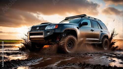 Offroad car driving through mud with mud splashing. Highly detailed photorealistic concept design
