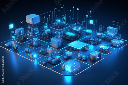 3D Illustration: Utilizing Smart Devices for Production in the Industrial IoT or Internet of Things Context, Enabling Control and Automation with 5G Network Infrastructure