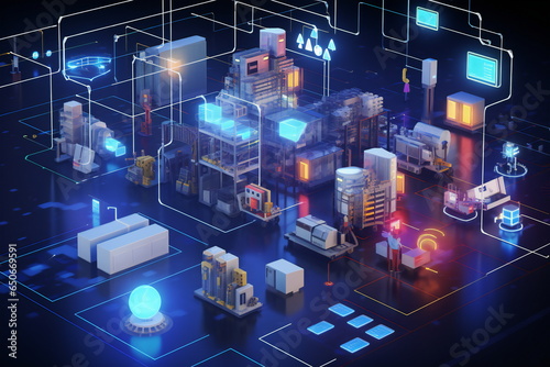 3D Illustration: Utilizing Smart Devices for Production in the Industrial IoT or Internet of Things Context, Enabling Control and Automation with 5G Network Infrastructure