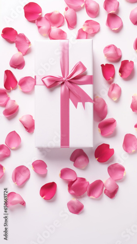 Valentine's Day white background with pink petals rose with gift box top view lay flat © tashechka