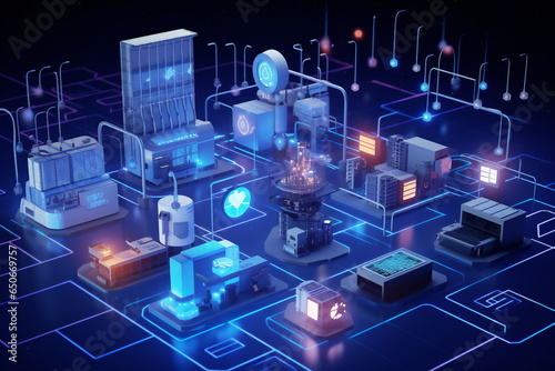 3D Illustration: Utilizing Smart Devices for Production in the Industrial IoT or Internet of Things Context, Enabling Control and Automation with 5G Network Infrastructure