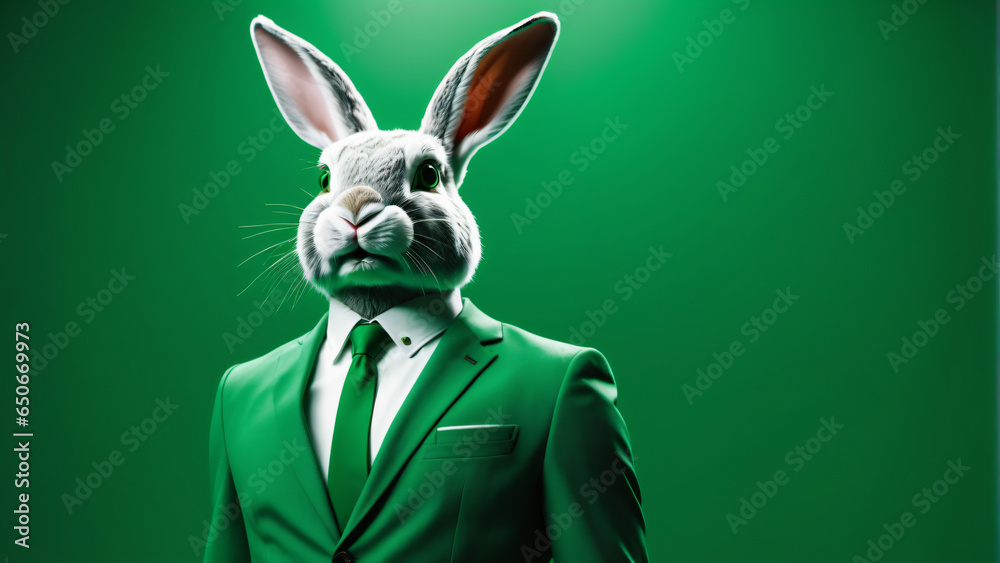 Rabbit in green business suit isolated on green background. Highly detailed and realistic concept design illustration