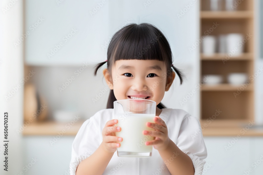 Cute little Asian girl holding a glass of milk in her hands Cute little Asian girl holding a glass of milk in her hands