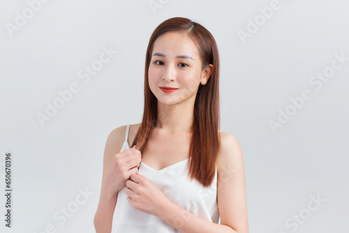 Banner of beauty asian woman with fair perfect healthy glow skin h isolated on white,