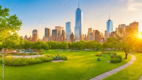 Downtown Manhattan with the little island public park in New York City at sunrise. photo