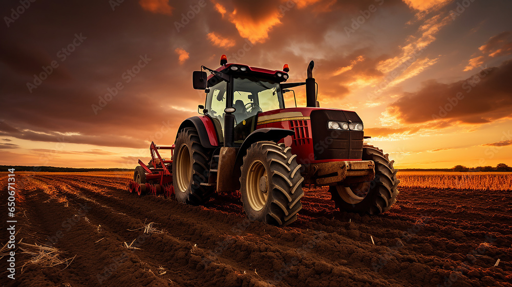 Fototapeta premium Red big tractor parked on the field in the sunset.