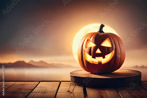 Pumpkin on the background of the moon Halloween background.
