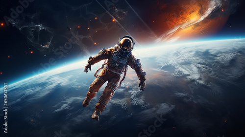 An astronaut floats in the atmosphere near a planet.