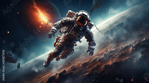 An astronaut floats in the atmosphere near a planet.