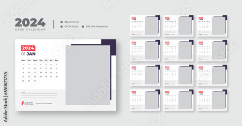 Desk calendar template for 2024, monthly planner design in corporate and business style