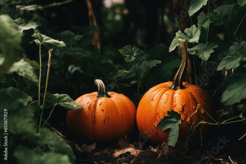 Two orange pumpkins grow at greenhouse or vegetable garden. Farmer market. Bio products grown by yourself  vegetarians. Autumn harvest and healthy organic food. Concept of Thanksgiving day
