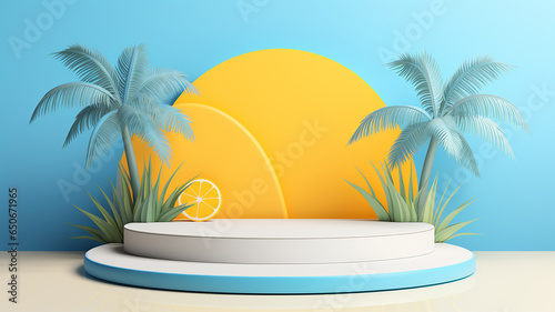 white podium with summer sun scene blue and yellow. © Yuwarin