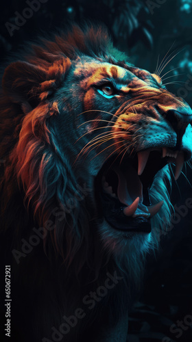 A fierce lion in an enraged roar surrounded by fiery sparkles.