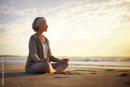 Elderly woman meditating on the beach. Sunset. Copy space. 