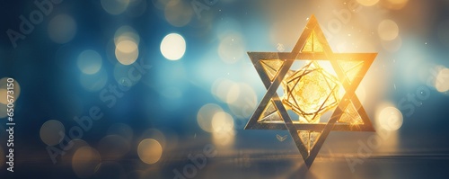 Banner with decorative golden Jewish religion symbol Magen David star on blue and gold bokeh blurred background. Rosh Hashanah, Jewish New Year holiday or Hannukah greeting card with lights and star