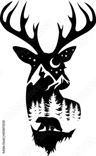 Deer head silhouette with mountain and bear illustration