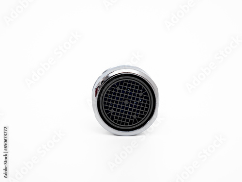 Clean new faucet aerator isolated on white background. Water tap dial for more efficient use of water or water flow regulator.