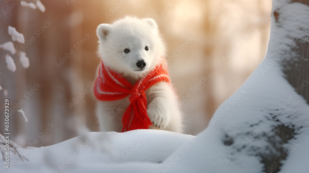 Cute polar white bear cub with Christmas red scarf on the background of a fabulous snowy forest with copy space. Christmas greeting card.