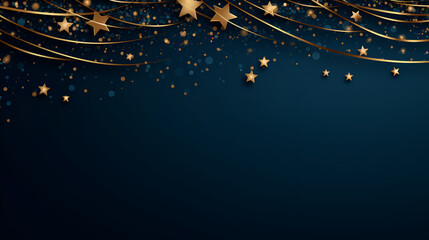Christmas and New Year festive background. Golden stars and gilded ribbons on Navy blue background with copy space for text. The concept of Christmas and New Year holidays