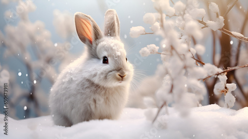  White hare on the background of a winter, snowy forest with bokeh and copy space. Wild animals in winter. Christmas card. photo
