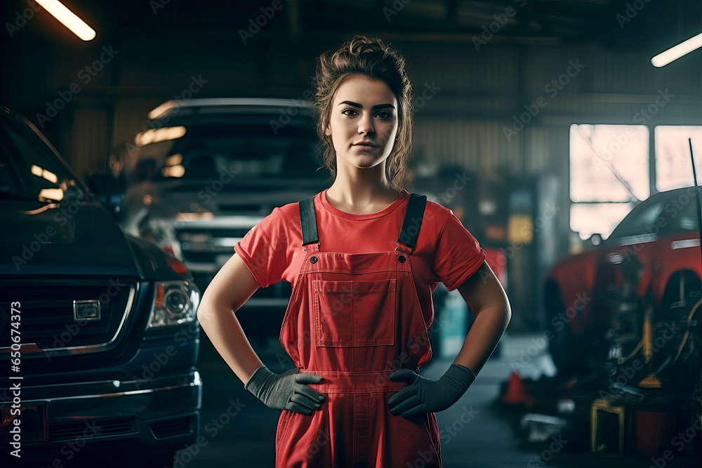 Young confident woman in red workwear standing in front of cars in car service. Woman working as a mechanic doing car services.