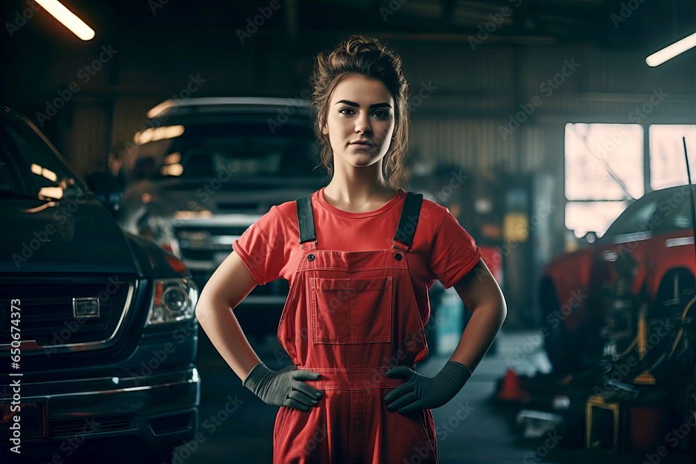 Young confident woman in red workwear standing in front of cars in car service. Woman working as a mechanic doing car services. Young confident woman in red workwear standing in front of cars in car service. Woman working as a mechanic doing car services.