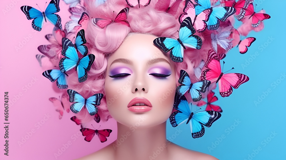 portrait of a girl with pink butterflies in her hair and professional pink makeup, fantasy in Barbie Pink style on a blue background with copy space. The concept of naturalness of cosmetic products.