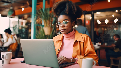 Beautiful young afro american woman in orange jacket fnd glasses working on laptop, freelancer girl or student with computer in cafe at table, looking at camera.