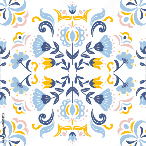 Seamless geometric ethnic pattern flowers in Scandinavian or Slavic style. Floral symmetrical vintage motif. For wallpaper, fabric, wrapping, background.