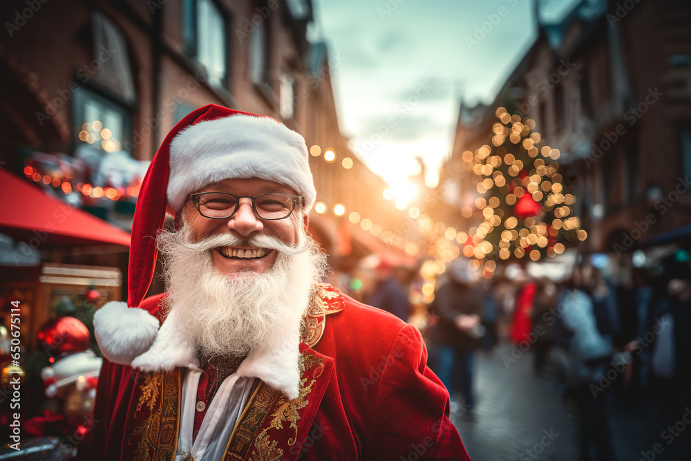 Smiling man dressed as a Santa Claus looking at camera at Christmas market on the street. Copy space.