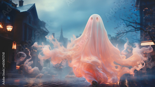  Digital illustration of a ghost walking in a town © Viktoriia