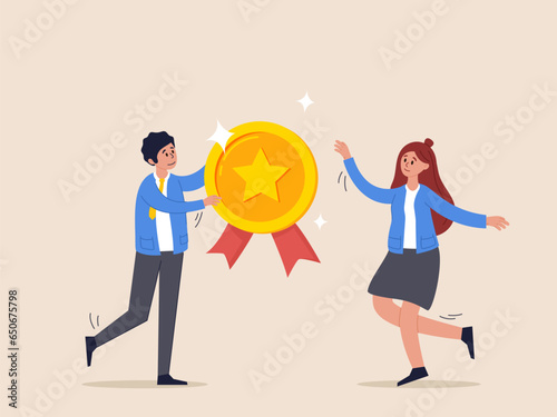 Success achievement reward concept. Employee award recognition, top star performer of the month, best sales champion or certificate, businessman boss giving golden star badge to winning employee.