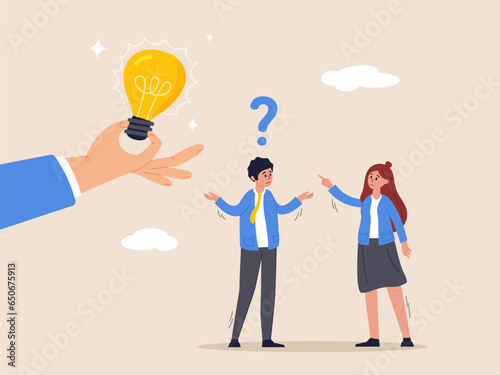 Job and career path concept. Business problem, idea, decision making and solution, confusing businessman stand with question mark sign then helping hand put half of lightbulb lamp for bright solution.