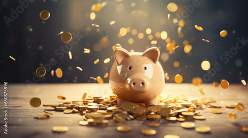 Gold coins fall on a pink piggy bank in the shape of a piglet
