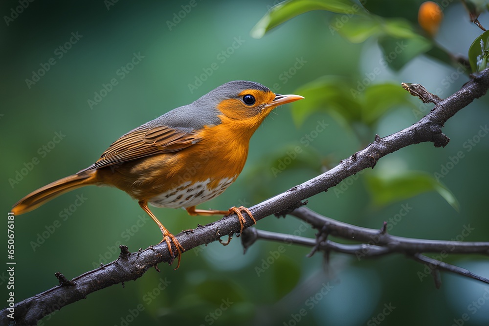 Orange thrush on a tree branch Orange thrush on a tree branch