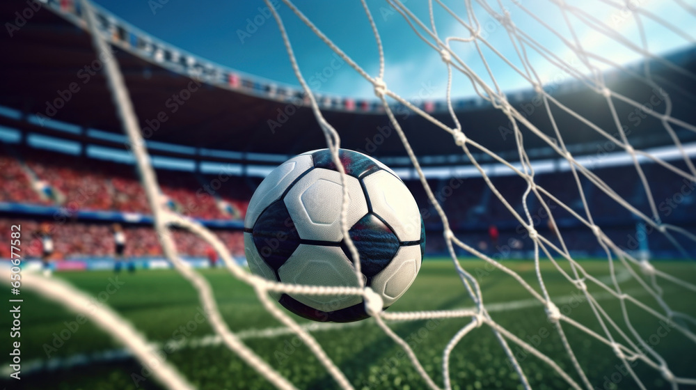 Naklejka premium A soccer ball flew into a soccer goal