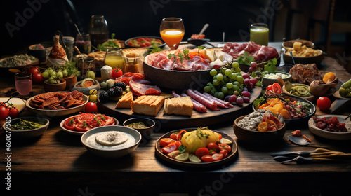 a beautifully laid table with a variety of food, meat cuts and vegetables, on a black background