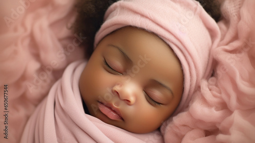 Sleeping african american baby on pink background photo