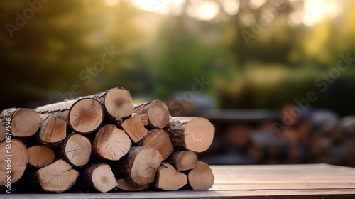 Stack of firewood on the table against the blurred background