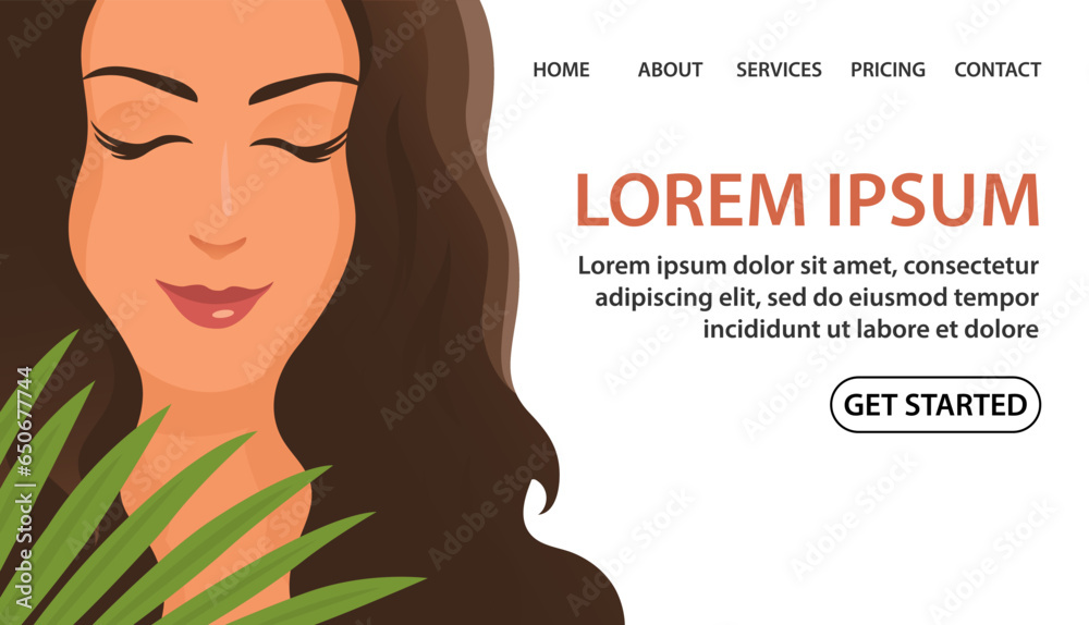 Beautiful girl face and palm leaf. Close up of a woman face. Vector illustration. Design for banner, website