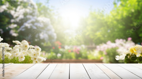 White wooden table top with blur background of wedding garden © tashechka