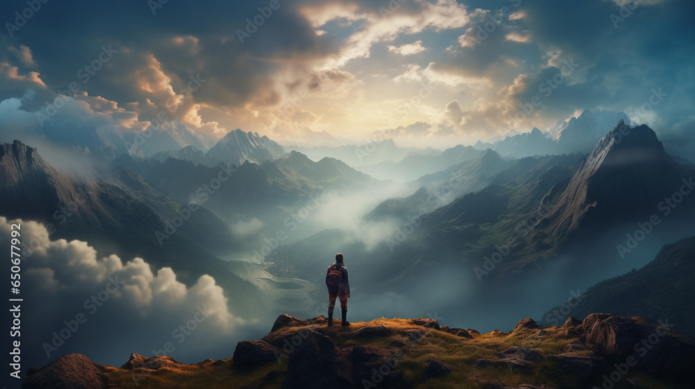 a man with a backpack on top of a mountain above the clouds with a beautiful view of the mountains - obrazy, fototapety, plakaty 