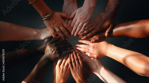 many human hands of different racial backgrounds are folded in a circle 